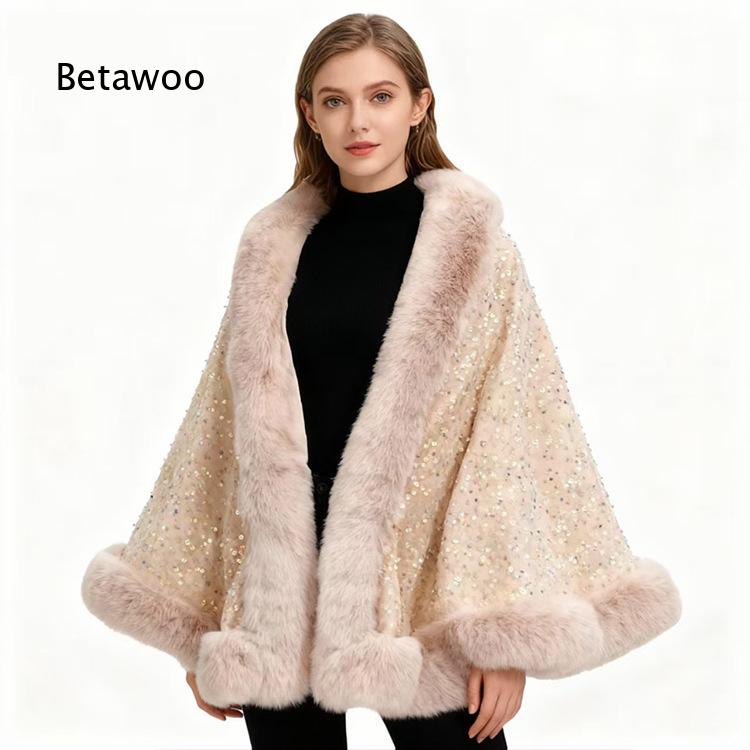Mens Fashion Poncho - Kadın Kısa Panço Pelerin, Kürklü Yaka,