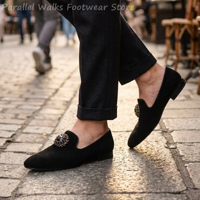 Suede Loafers Men - Erkek Süet Loafer'lar Kristal Taşlı Süsleme