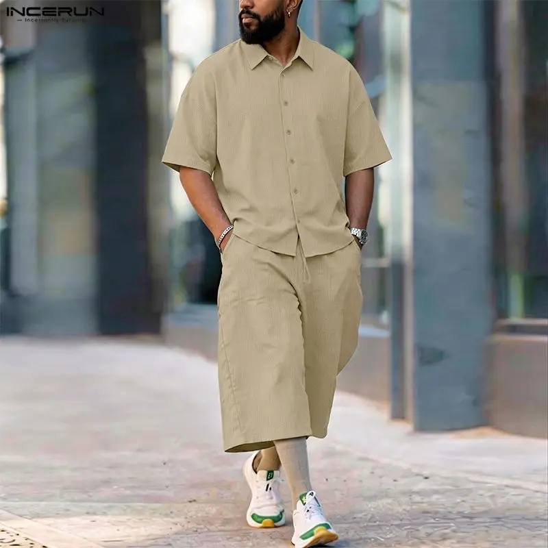 Men'S Fashion For 2026 - INCERUN erkek Setleri Katı Yaka Kısa