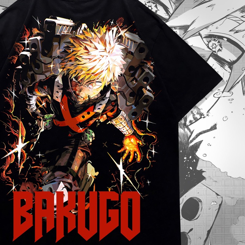 Graphic Tee Oversized - Bakugo Anime Çift Taraflı Baskılı Tişört,