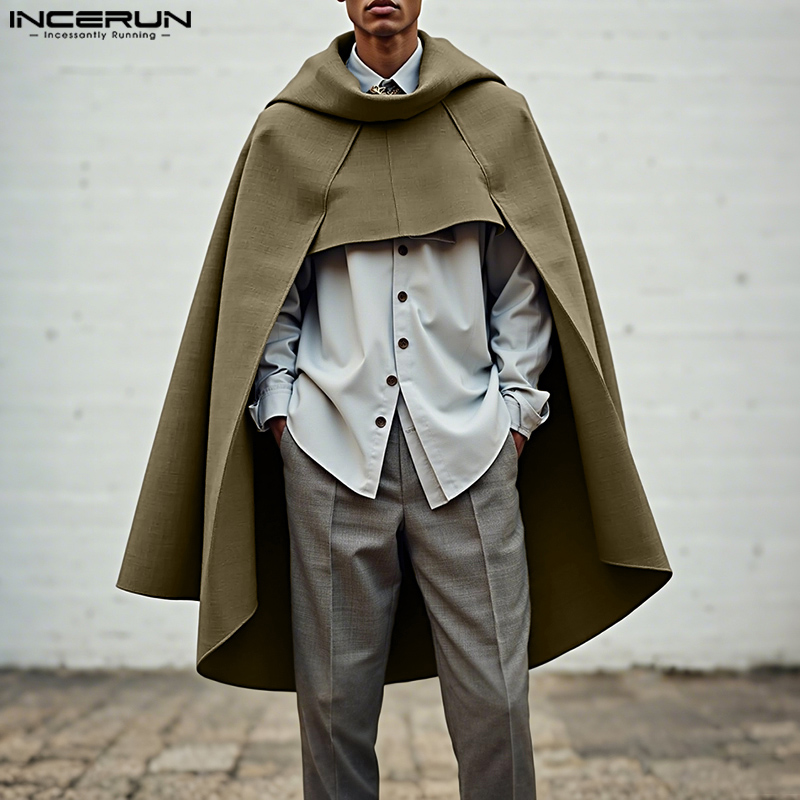 Mens Fashion Poncho - INCERUN Erkek Pelerinli Ceket Tek Renk