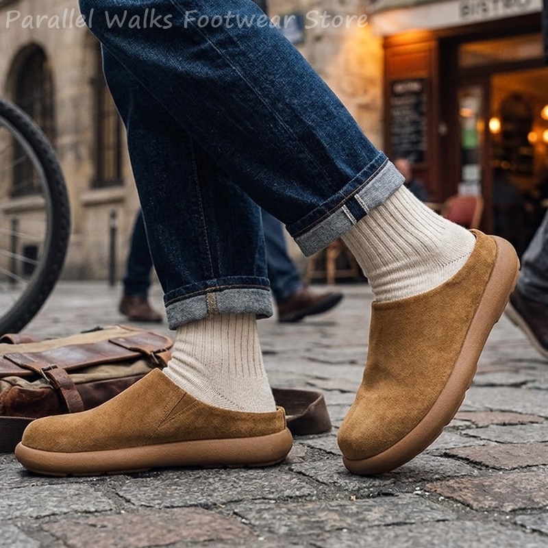 Suede Loafers Men - Unisex Süet Terlikler Yuvarlak Burunlu Mule